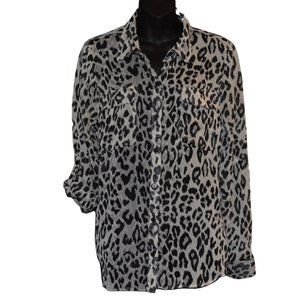 Sheer Snow Leopard Print Buttonup w Roll Sleeves